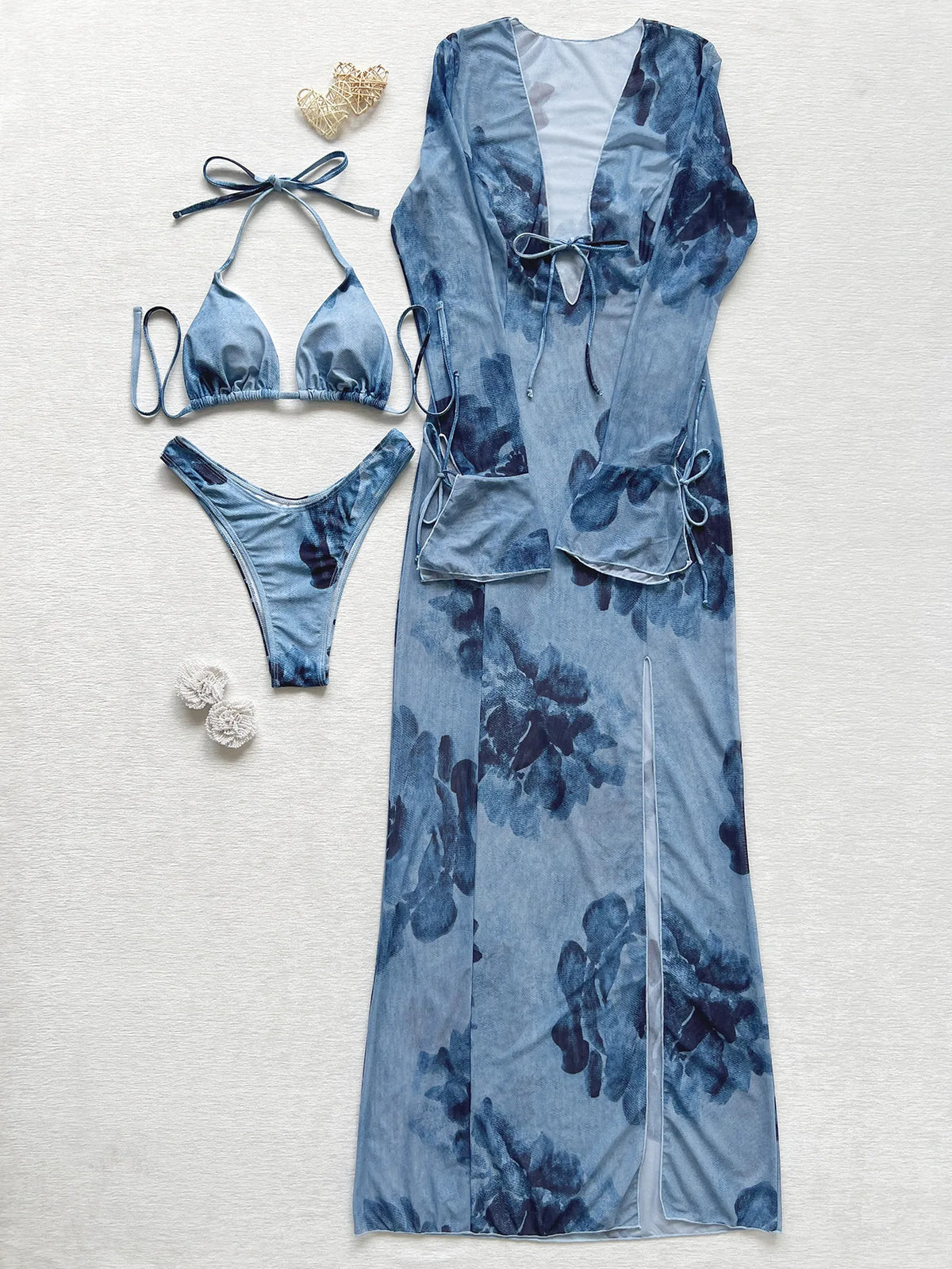 DEKA 2026 New Tie-Dye Printed 3 Pieces Bikini Sets Swimsuit For Long Sleeves Dress Women Halter Strappy Swimwear Beach Beachwear
