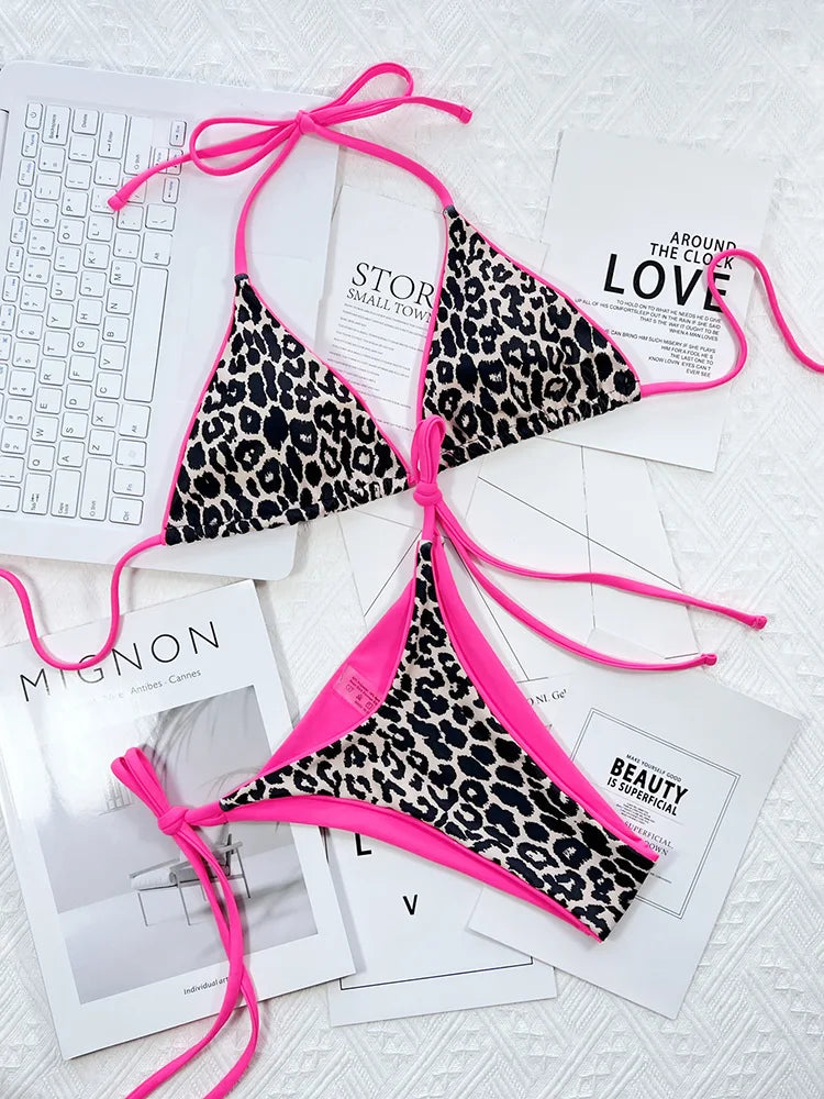 Zebra Print Halter micro Bikini 2025 women Bandeau String Swimsuit Female swimwear Neon Shiny bikini set Leopard Bathing Suit