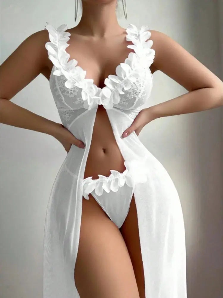 Pink Floral Sexy Lingerie Dress Women Nighties Exotic Babydolls Slip Nightdress Deep-V Lace Mesh See Through Nightgowns