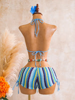 Vintage Blue Striped Knitted Cover Up 3 Piece Bikini Set 2026 Swimwear Women Push Up Bra Drawstring High Waist Shorts Swimsuit