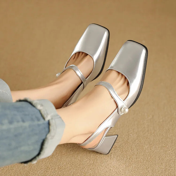 Elegant Slingback Sandals Women Summer Shoes Pink Black Silver Medium Heels Close Toe Office Party Shoes Female Large Size 45
