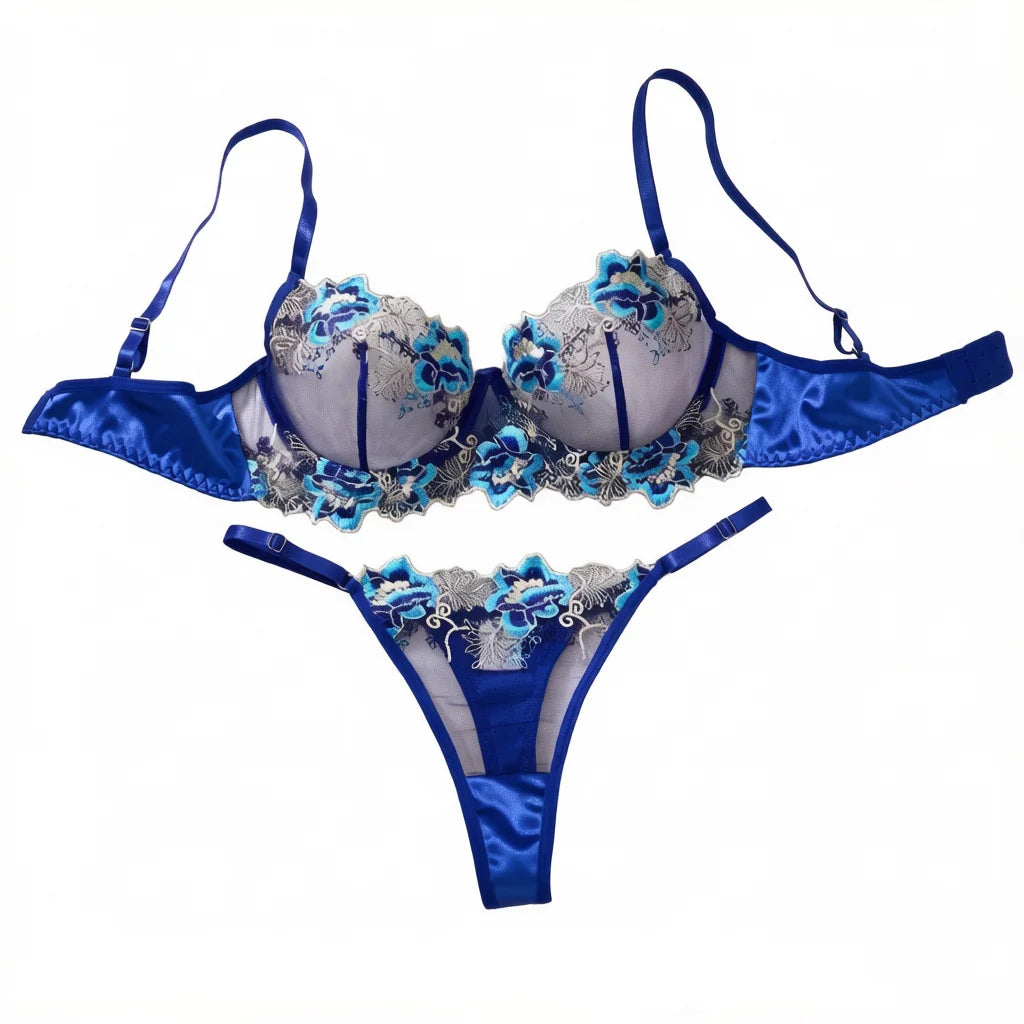 Royal Blue Floral Embroidery Satin Mesh Lingerie Set Underwire Bra With Matching Thong Women Sexy Intimates ZA825146