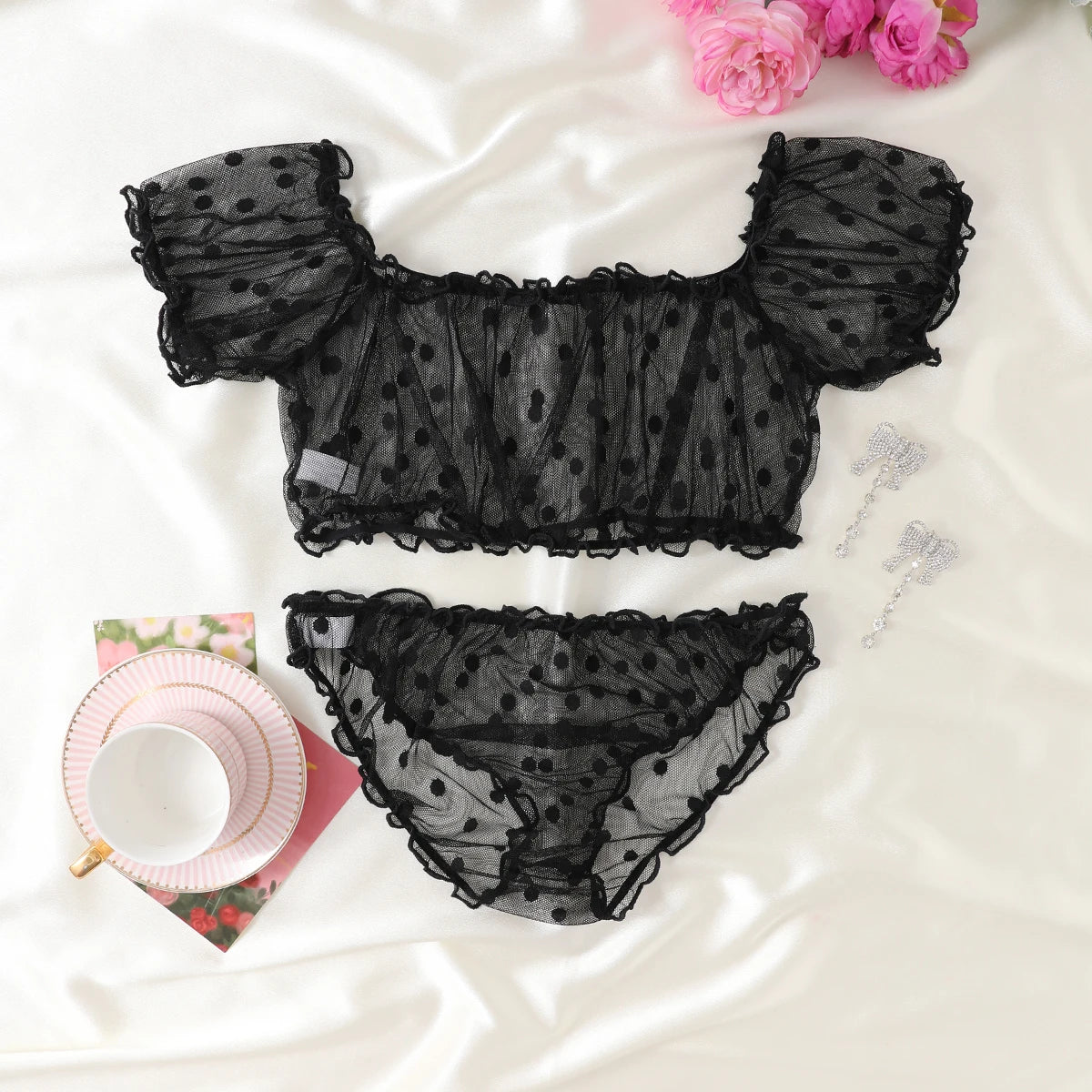 Women 2-Piece Transparent Erotic Sexy Lingerie Dot Embroidery Mesh Fancy Outfit Romantic Hot Underwear Set Bra And Panty Sets