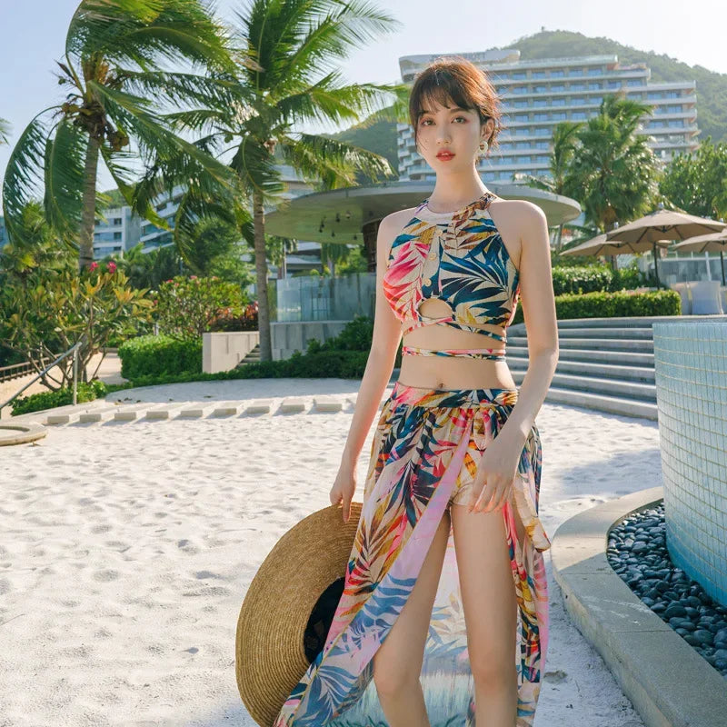 Print High Waist High Neck Swimsuit 3 Pcs Bikini Set Women Men's Swim Shorts Summer Surfing Suit Couples Bathing Suit Holiday