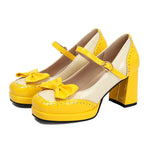 Plus Size 32-48 Sweet Lolita Patent Leather Mary Jane Shoes Women Gothic Square Toe Bow Tie Platform Chunky Heels Brogue Pumps