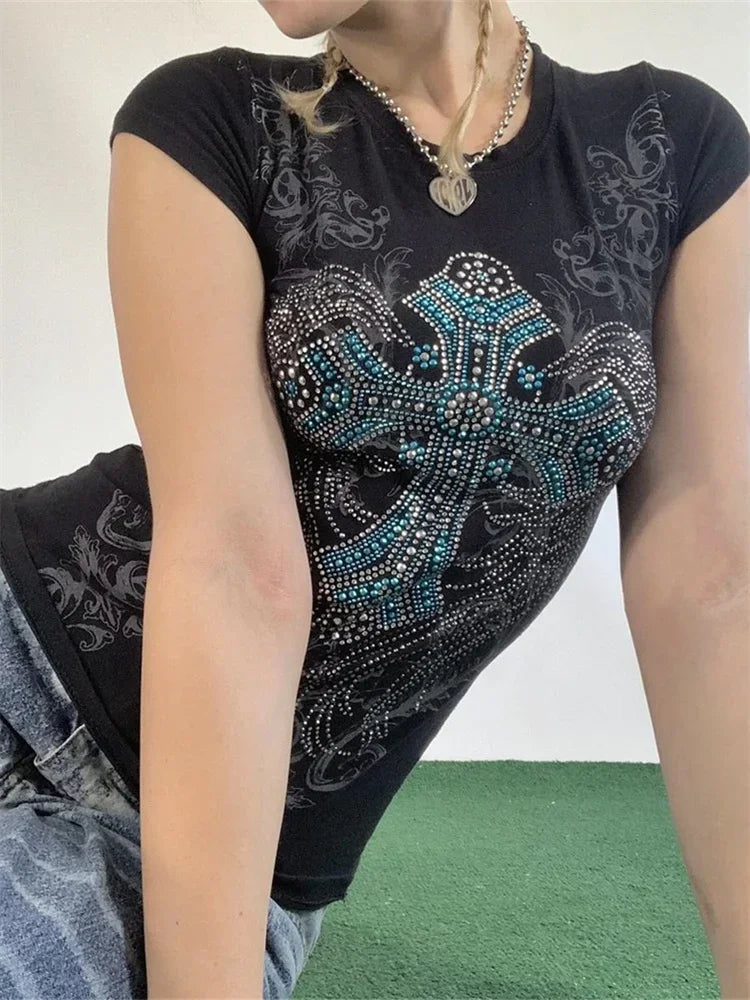 Women Summer T-shirt Rhinestone Retro Print Short Sleeve Round Neck Slim Fit Tee Tops Gothic Punk Shirts