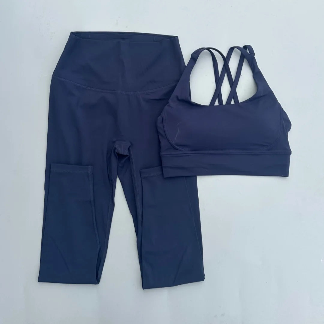 Solid Color Soft Women Gym Yoga Legging Set Cross Back Shoulder Strap Gym Yoga Bra+High Waist Sport Leggings 2pc Tight Sportwear