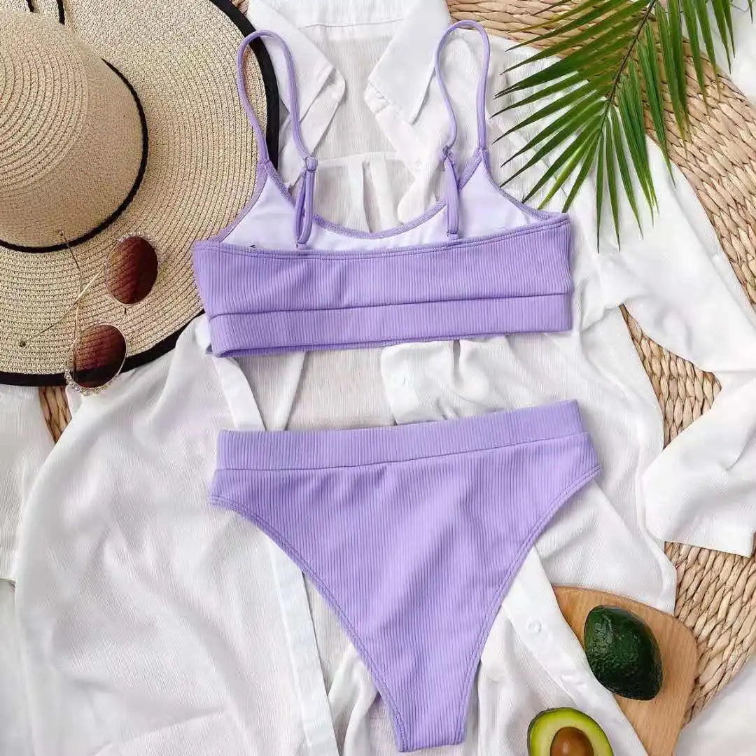 Women High Waisted Bikini Set Color Block Swimsuit 2 Piece High Cut Bathing Suit Cheeky Neon Yellow Swimwear Beach Bathing Suit