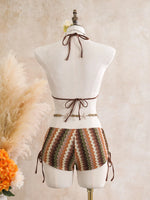 Vintage Blue Striped Knitted Cover Up 3 Piece Bikini Set 2026 Swimwear Women Push Up Bra Drawstring High Waist Shorts Swimsuit