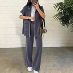 Women's Two Piece Outfit Casual Full Zip-up Short Sleeve Shirt And Wide Leg Pants Set Office Casual Lounge Tracksuit