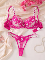 Summer-exclusive rose-pink daisy lingerie set-sheer see-through floral embroidered bra+T underwear-energetic young girl ZA825086