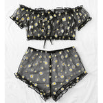 Mesh Floral Printed Off Shoulder 2Pcs Lingerie Set for Women Sexy Underwear Transparent Tops+Shorts Panties Exotic Sets
