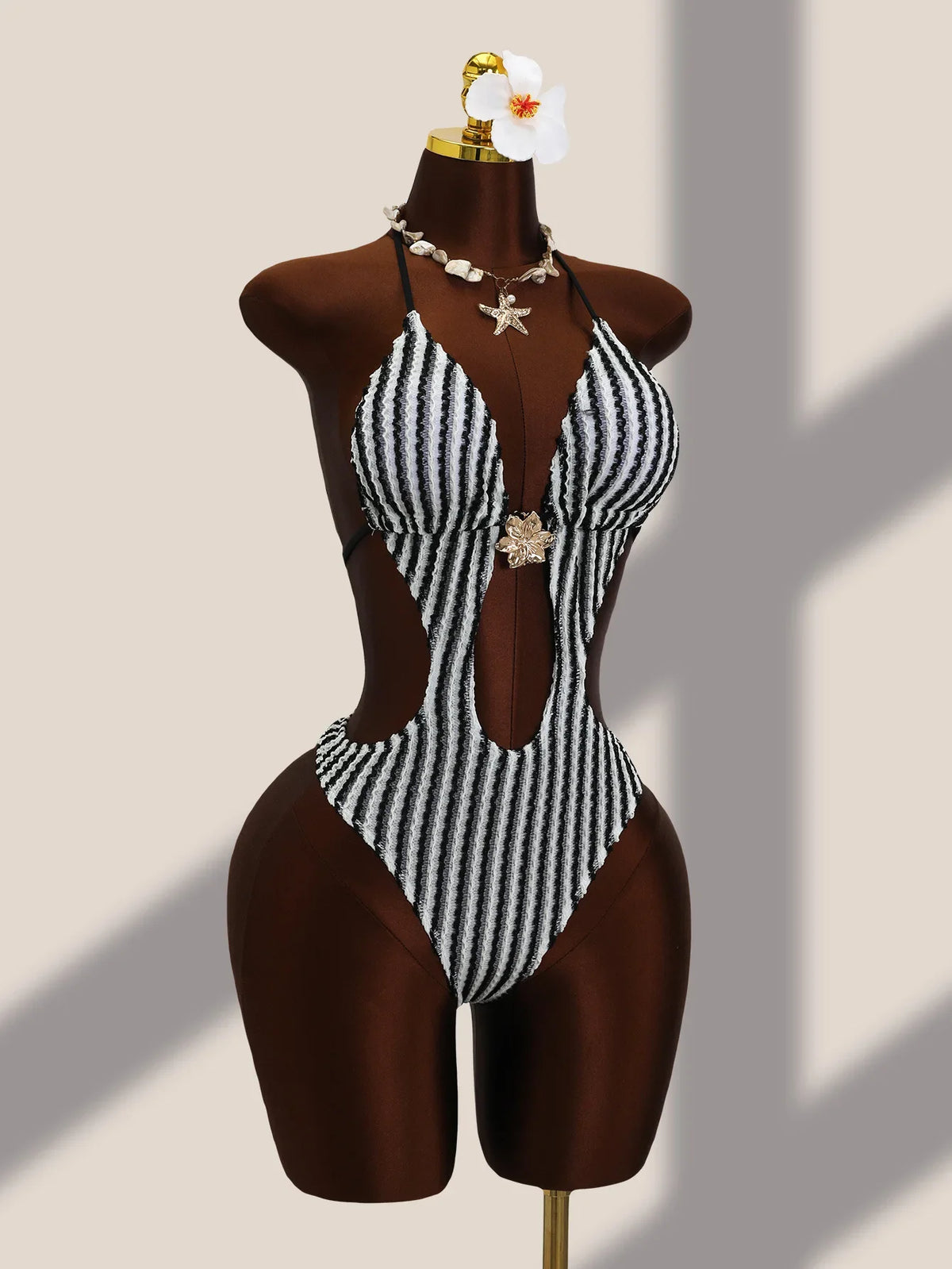 Vintage Black Striped One Piece Swimwear Women 2026 3D Metal Flower Hollow Out Backless Beach Holiday Bathing Suit Swimsuit