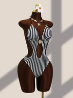 Vintage Black Striped One Piece Swimwear Women 2026 3D Metal Flower Hollow Out Backless Beach Holiday Bathing Suit Swimsuit