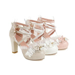 9cm Cross Strap Women High Heels Mary Jane Shoes Party Wedding Pearls White Lace Ruffles Bow Princess Lolita Pumps Sandals 33-46