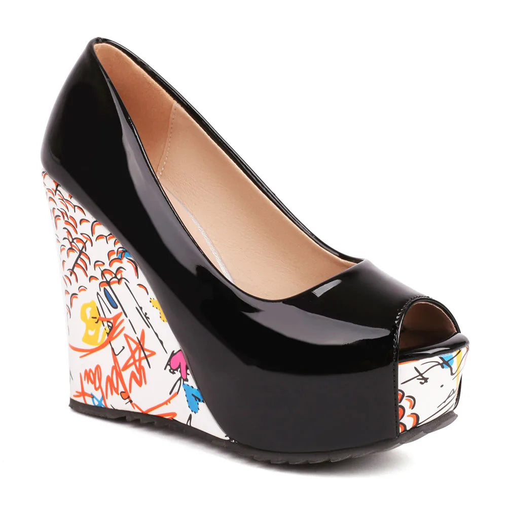 2026 New Big Size 33-43 Summer White Bohemian Graffiti Platform Pumps Slip On Black Red Chunky High Heels Wedges Shoes Women