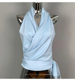 Women Blouses Slim Fit V-neck Lace Up Open Stitch Versatile Sleeveless Top For Female Chiffon Tops Summer Fashion PPAY