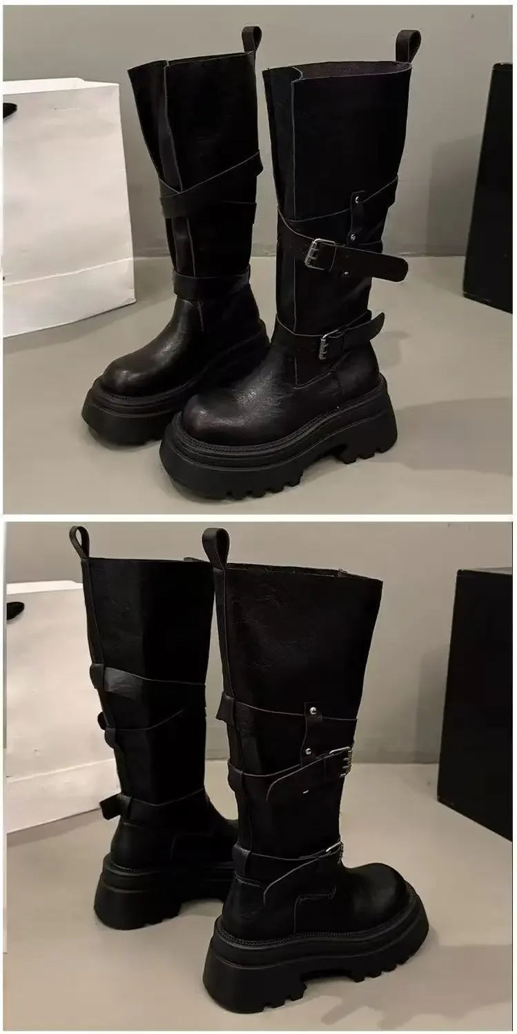 2026 New Vintage Thick Bottom Woman Knee High Boots Fashion Belt Buckle Zippers Shoes Female Knight Long Booties Shoes