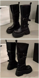 2026 New Vintage Thick Bottom Woman Knee High Boots Fashion Belt Buckle Zippers Shoes Female Knight Long Booties Shoes