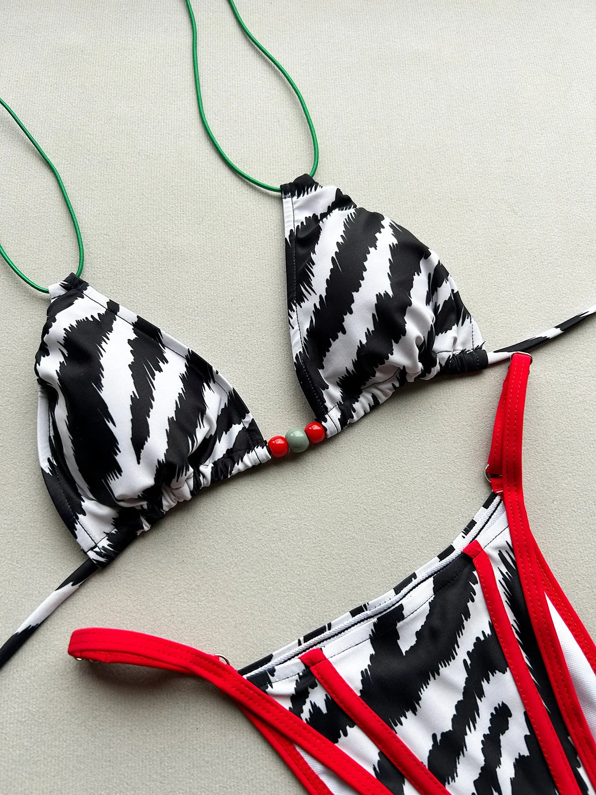 Sexy Red Zebra Print Contrast Bikini Set 2026 Women Double Strap Push Up Bra Bandage Thong Swimwear Bathing Suit Micro Swimsuit