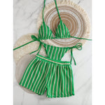 New Retro 3 Pieces Knitted Mesh String Bikini Set Swimsuit Women Blue Striped Swimwear with Shorts Beach Wear Boho Bathing Suit