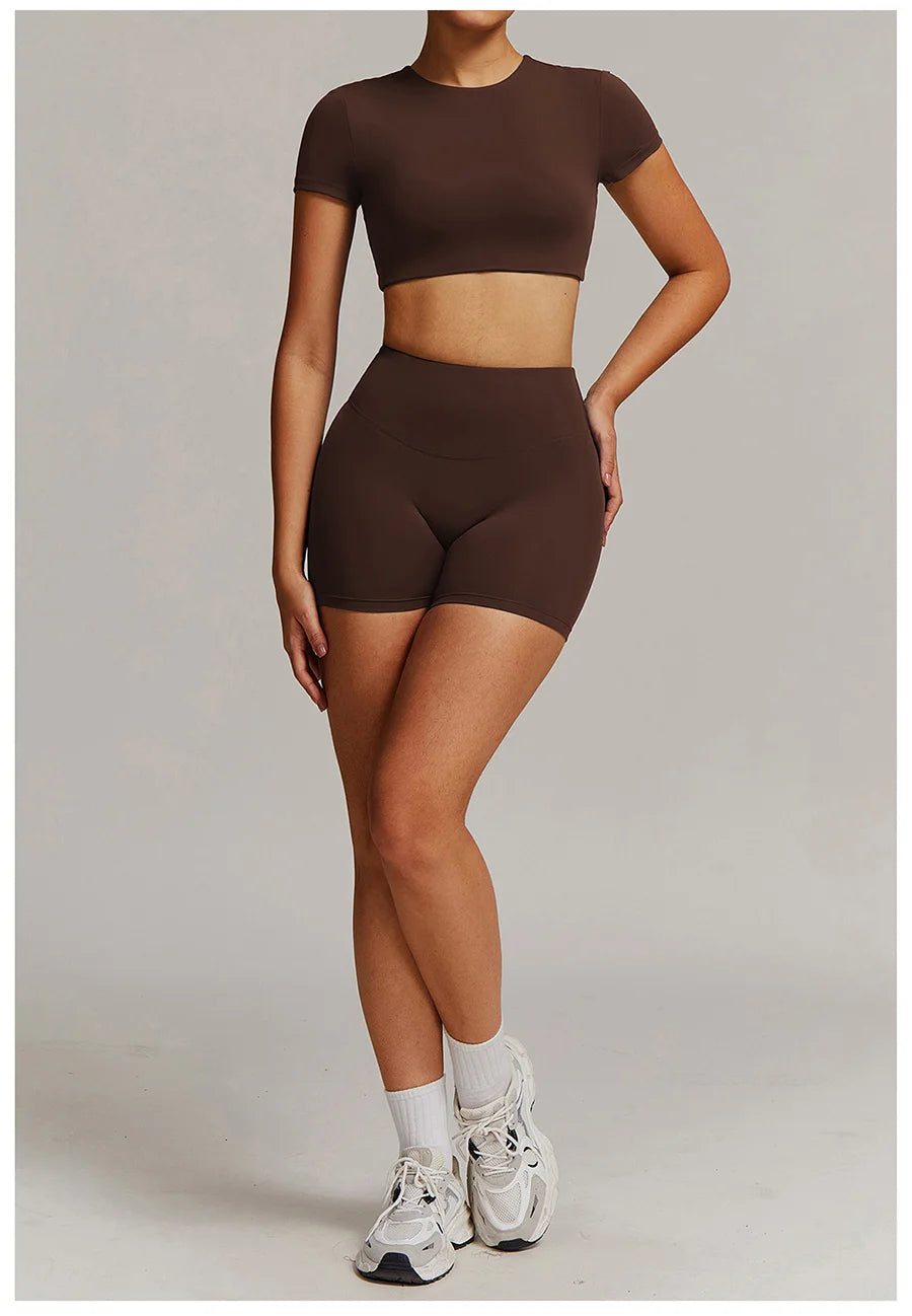 Women 2PCS Yoga Suit Sports Gym Set Tracksuit Workout Long Sleeve Shirt Fitness Flared leggings Short sleeve shorts running suit