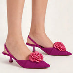 2026 Big Size 43 Summer Women's Pointy Toe Kitten Heels Slingback Satin Sandals Elegant Sandal Rose Flower Office Lady Shoes