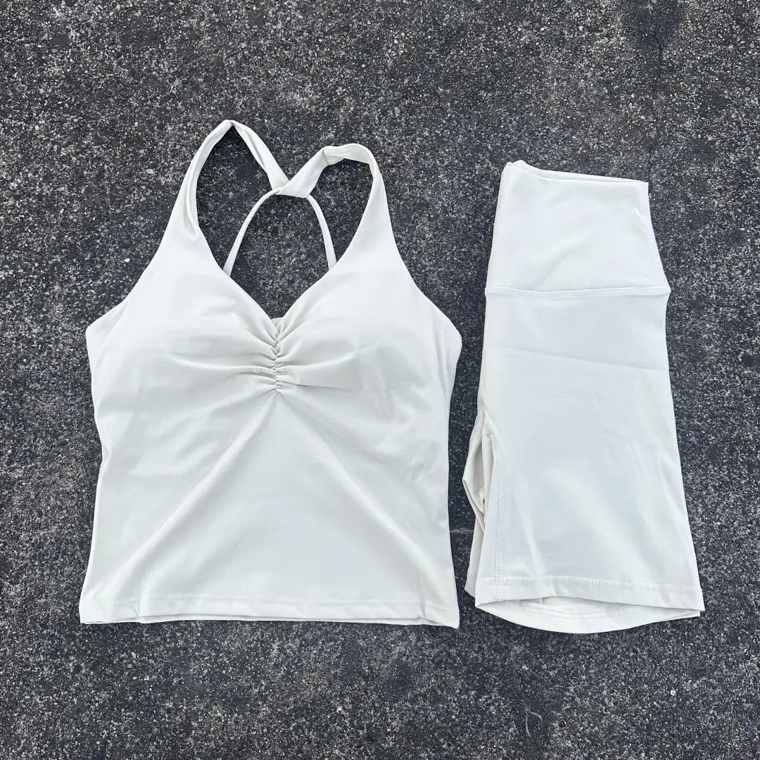 Women Gym Yoga Short Cycling Set Cross Back Gym Bra Tank Top +High Waist Cycling Short Leggings High Impact Shockproof Sportwear