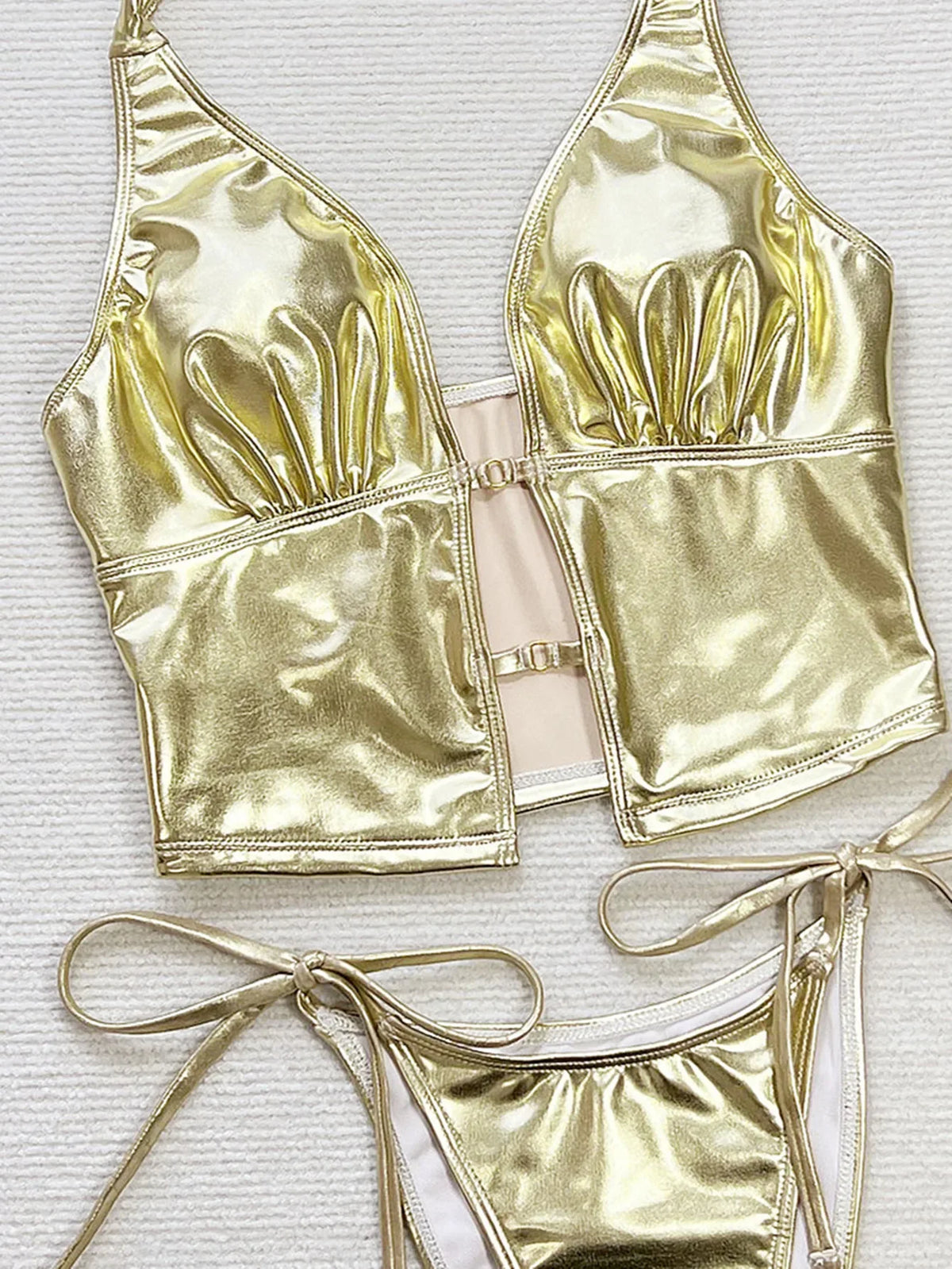 Sexy Gold Leather Micro Bikini 2026 Women Sexy Hollow Out Push Up Top Bandage Thong Swimsuit Summer Bathing Suit Hoiday Swimwear