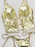 Sexy Gold Leather Micro Bikini 2026 Women Sexy Hollow Out Push Up Top Bandage Thong Swimsuit Summer Bathing Suit Hoiday Swimwear