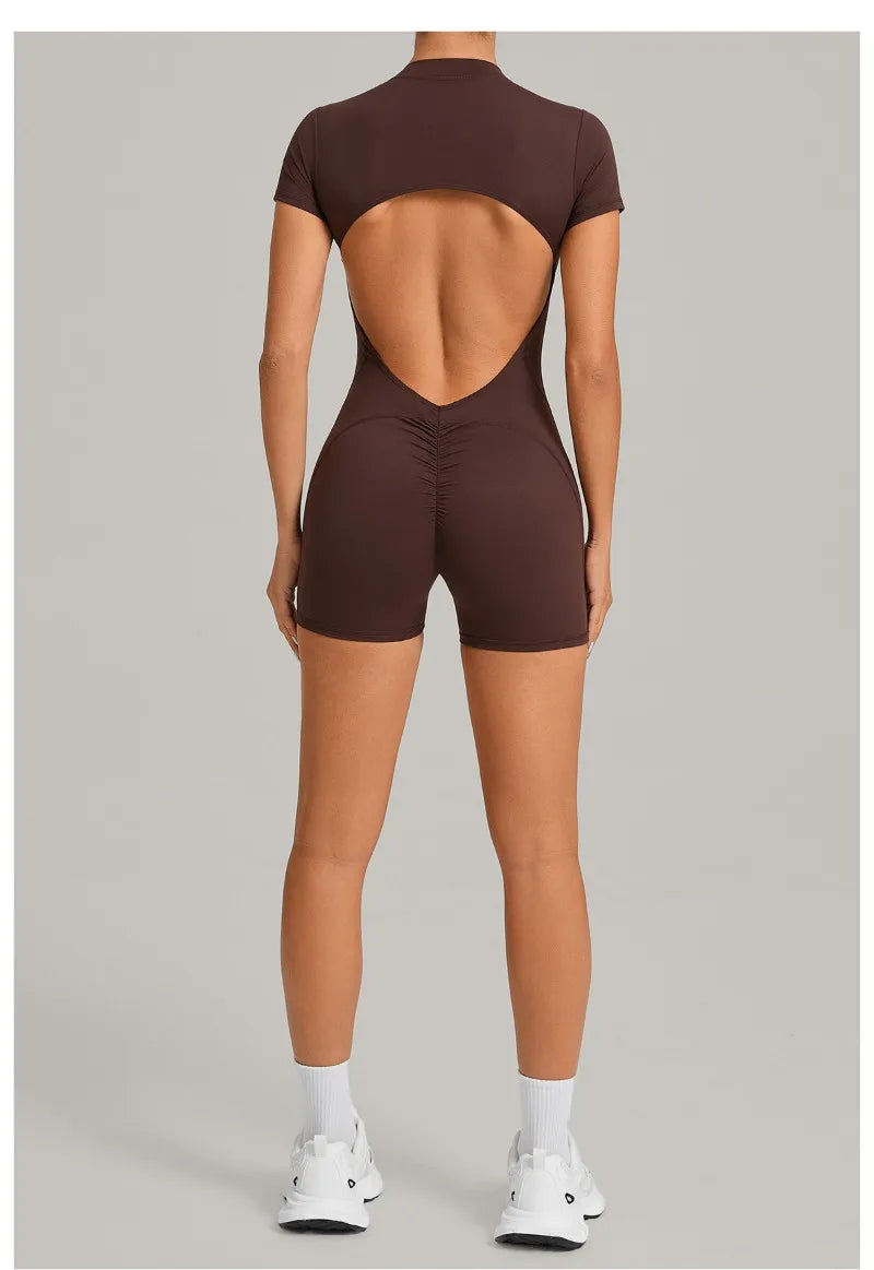 Women's Seamless Yoga Jumpsuits Sports Fitness Beauty Back Slim Fit Short-Sleeves One-Piece Workout Gym Training Bodysuits