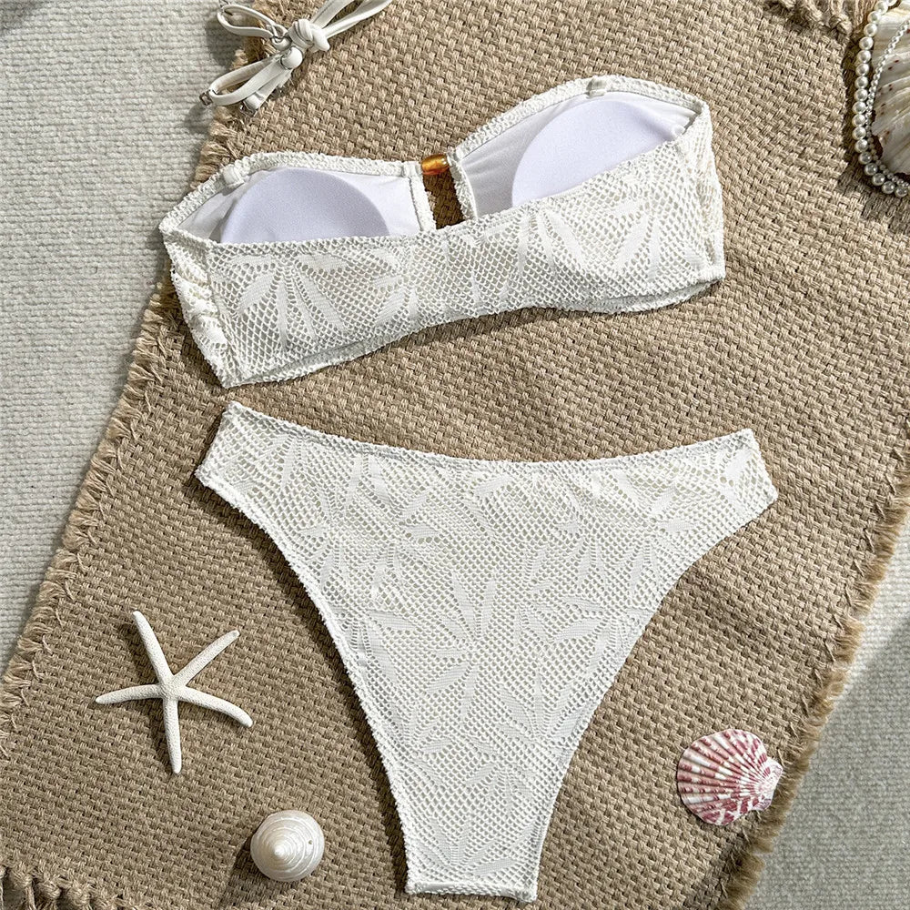 Brown Leaf Fishing Net Bandeau Bikinis Sets Front Hollow Out Sexy Swimsuit Woman 2026 Bead Swimwear Bathing Suit Bikini De Mujer