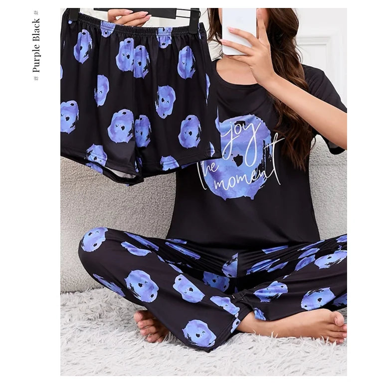 3-Piece Heart Print Pajama Women Sleepwear Home Clothes Short Sleeve Top with Shorts & Long Pants Pajamas Loungewear Short Suit
