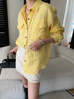 Women White Linen Blend Button Down Shirt Turn Down Collar Chest Pocket Loose Fit Blouse For Summer And Vacation Outfit KY7U