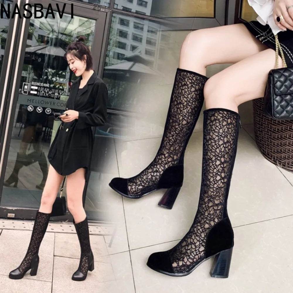 Spring and Autumn New Fashion Square Heel Mesh Hollow Women's Sweet Breathable Knee Long Sandals Boots High 7.5cm Size 33-43