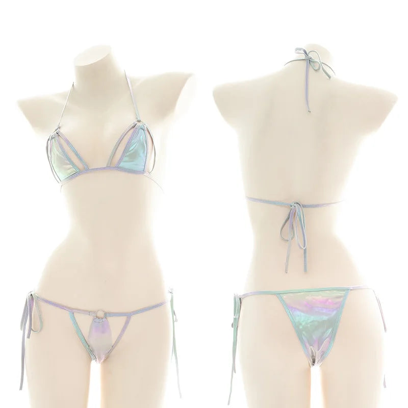 Summer Laser Holographic Micro Bikini Set Women Halter Bra Top Sexy String Thong Bathing Suit Beachwear Brazilian Biquini