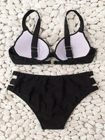Solid Color Black Two Piece Swimsuit for Women Sexy Underwire V-neck Suspender Backless Bikini Set High Waist Beach Swimwear