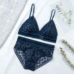 Women Floral Lace Bras Suit Solid Underwear Padded Breathable Vest With Briefs Sexy Hollow Out Bralette Thin Lingerie One Size