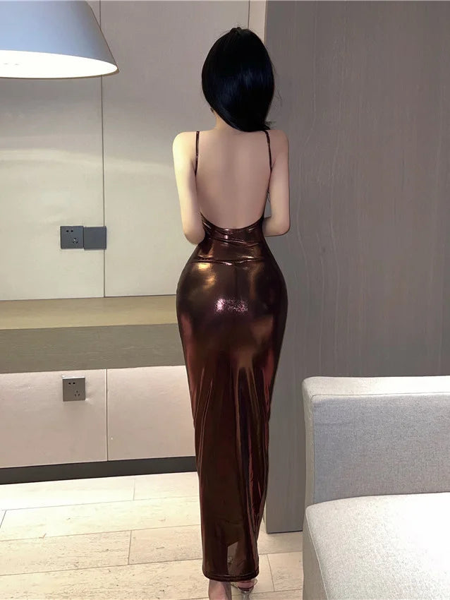 Sexy 2023 Summer Royal Sister Temperament backless Slim Long Lacquer Leather Fashion Solid color Wrap Hip Dress Women's KZCB