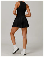 Women Front Zipper Tennis Dress Fake Two-piece Pieces Stand Up Collar Slim Fit Soft Sports Sets Fitness Pocket Skorts Yoga Suits