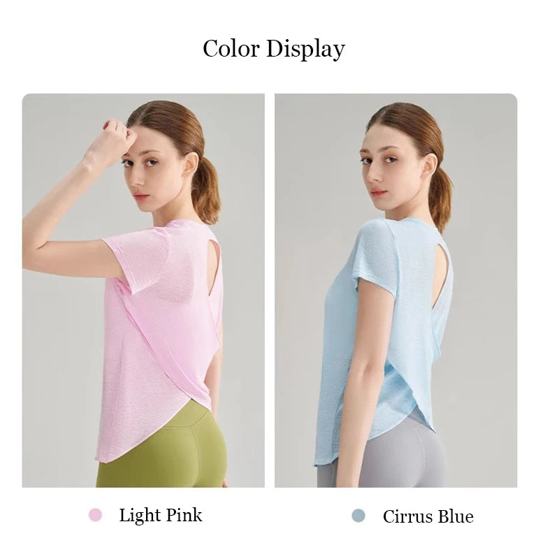 Women's Quick Drying Hollow out Back Sports T-Shirt Yoga Suit Top Short Sleeve Fitness Cover up