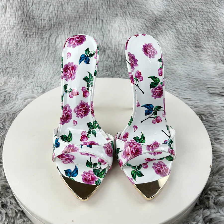 Sexy and fashionable printed slippers Shoes For Women's Sandals Summer Sexy Slippers Pointe Toe Thin Heels Stiletto Sandals12cm
