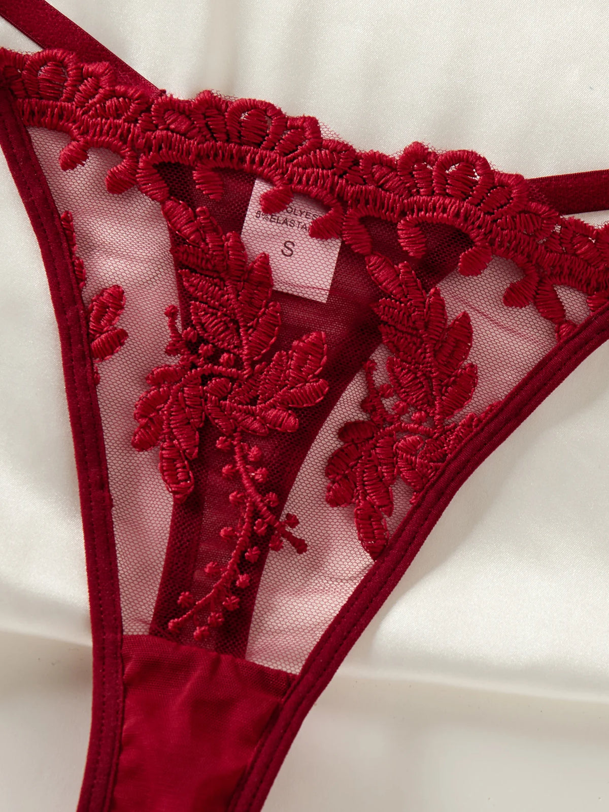 Burgundy Floral Lace Sheer Mesh Babydoll Lingerie Set Slip Nightdress With Matching Thong Women Sexy Sleepwear ZA825066