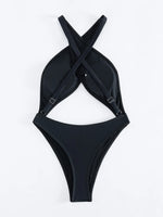 Sexy Black Red One Piece Swimsuit Women Halter Cross Hollow Out Bikini 2025 Beach Bathing Suit Backless Bandage Thong Swimwear