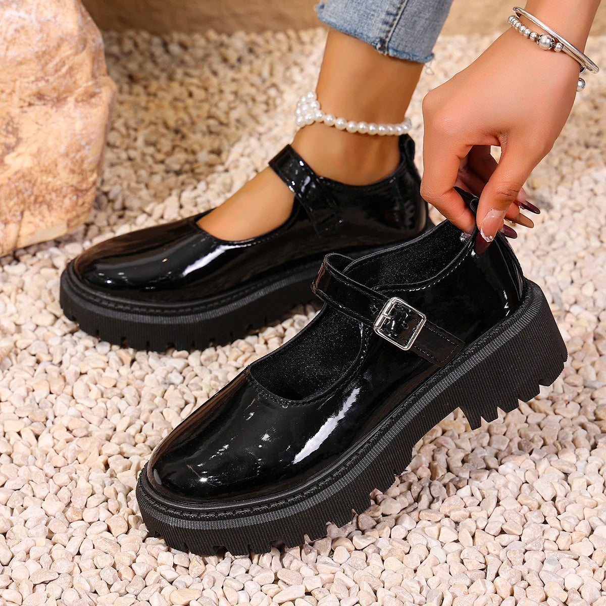 Women Buckle Strap Mary Janes Faux Patent Leather Lug‑Sole Round‑Toe Sweet Preppy JK Platform Casual Daily Shoes