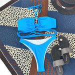 Solid Color Bikini Sexy Hollow Out Bandage Cross Thong Swimwear Women Halter Backless Bathing Suit High Waist Swimsuit 2026 New