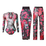S - XXL 3PCS New Printed Long Sleeve With Pants Sarong Women Swimwear One Piece Swimsuit Female Bather Bathing Suit Swim K7180