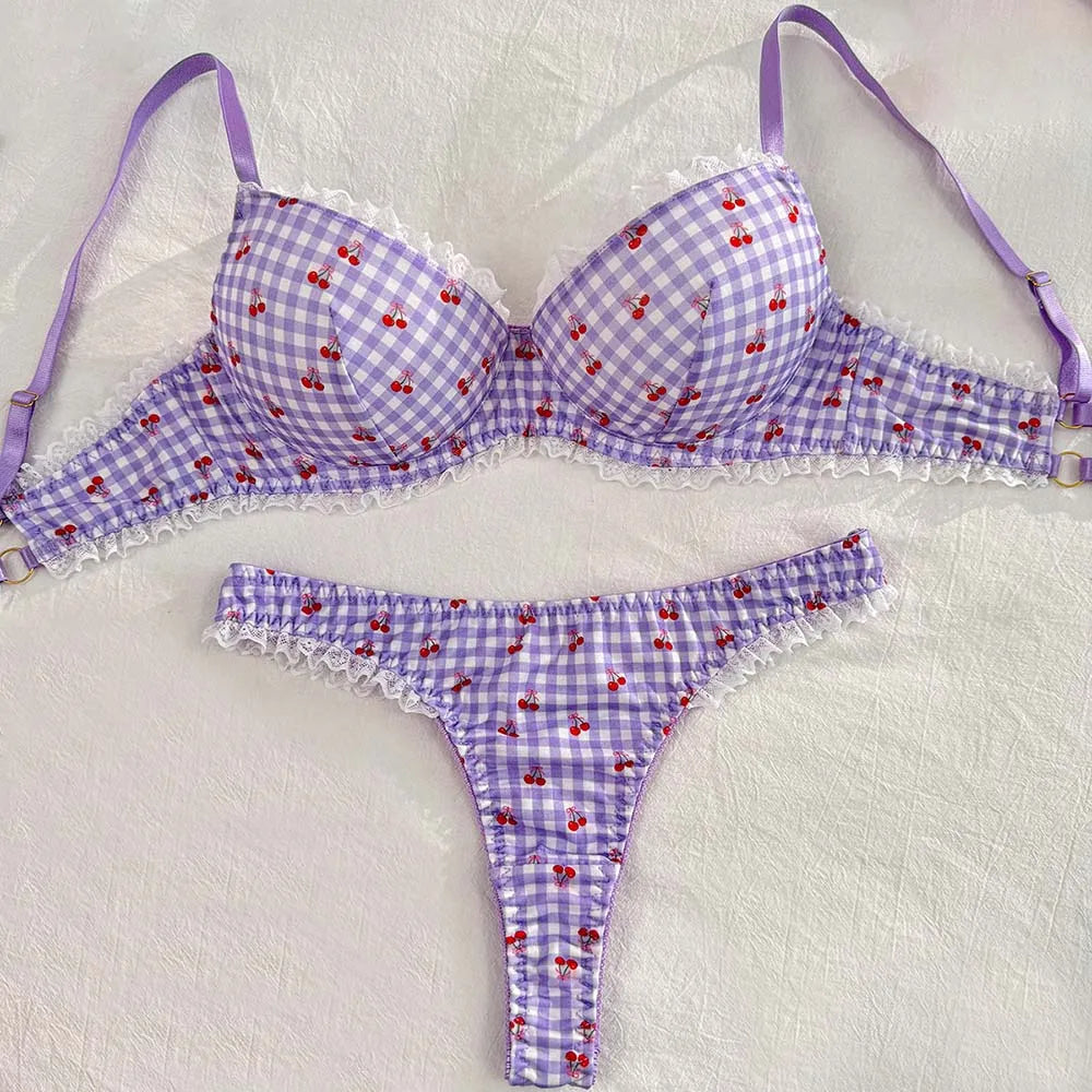 Cherry Print Bralette Set Sweet Lace Trim Women's Lingerie French Style Thin Bra Panty Light Purple Plaid Intimate Underwear Set