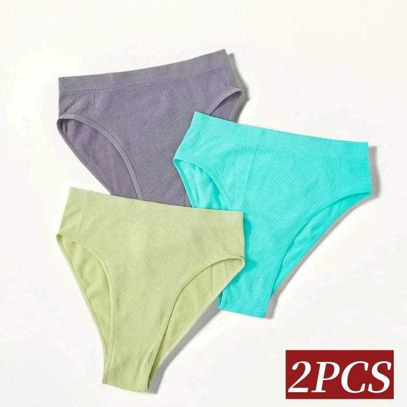 2Pcs/Set Seamless Panties High Waist Briefs Women High Leg Cut Panties Female Underpants Sexy Lingerie Solid Color Underwear S-L