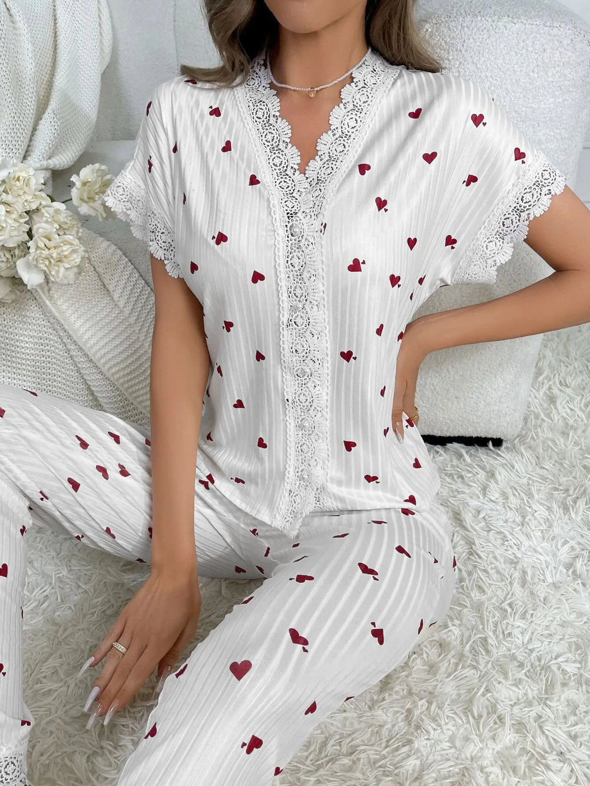 Spring Summer Pajama Set for Women Sleepwear Lace Trim Heart Print Short Sleeve Top & Full-Length Pants Nightwear Loungewear